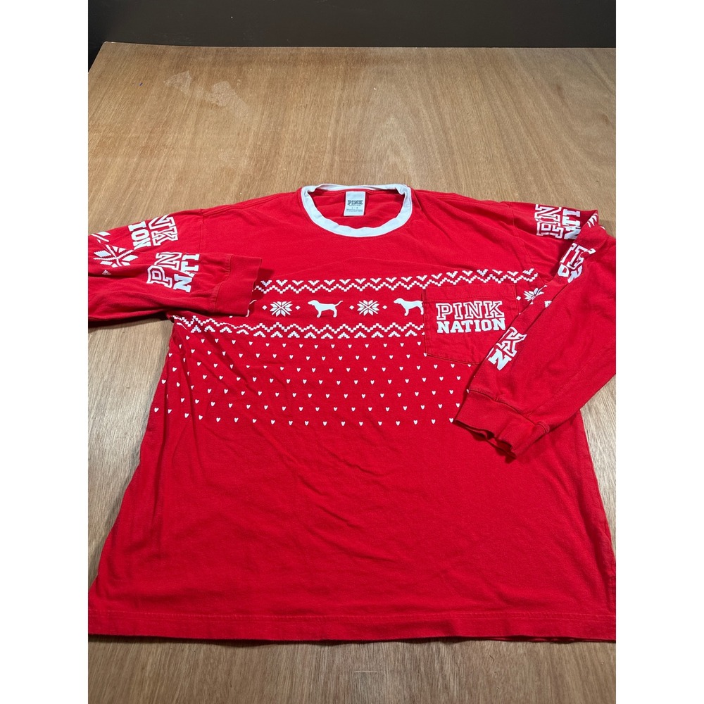 PINK Victoria's Secret Long Sleeve Shirt Womens M Red Holiday Snowflake Heart